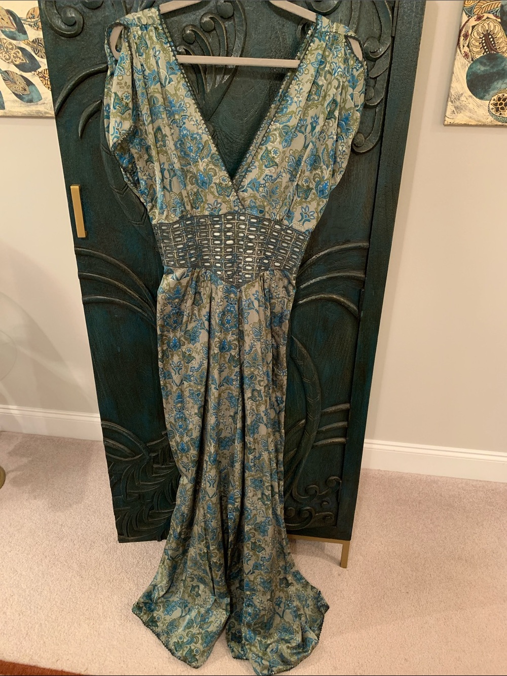 Chasing Unicorns Silk Sage Green & Blue Paisley Jumpsuit